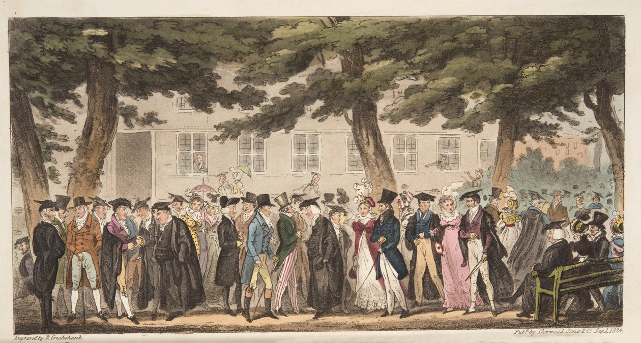 Show Sunday, A View in the Broad Walk, Christ Church Meadows, Oxford, fra The English Spy, pub. 1824 (håndfarget gravering) av Isaac Robert Cruikshank
