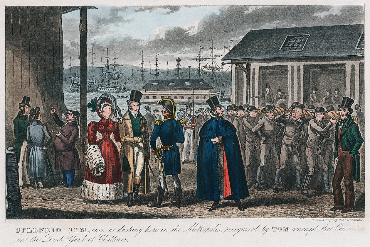 Splendid Jem blant de straffedømte i Naval Dock Yard i Chatham, Kent, 1821 av Isaac Robert Cruikshank