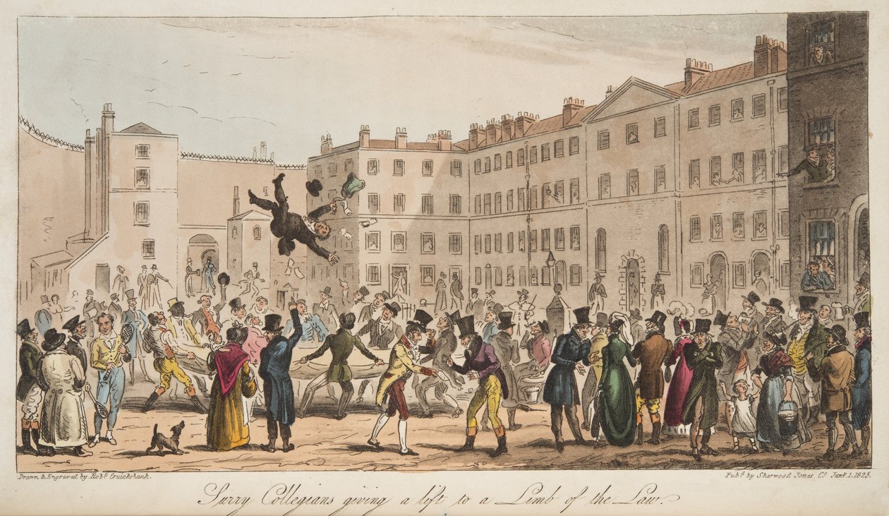 Surrey Collegians gir et løft til a Limb of the Law, fra The English Spy, publisert London, 1824 av Isaac Robert Cruikshank