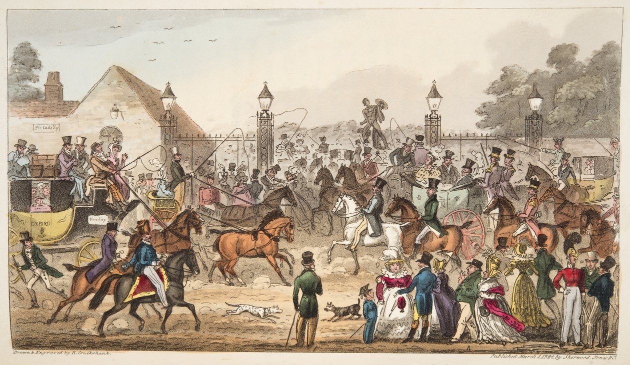 The Arrival, eller Western Entrance into Cockney Land, fra The English Spy publisert 1824, (håndfarget gravering) av Isaac Robert Cruikshank