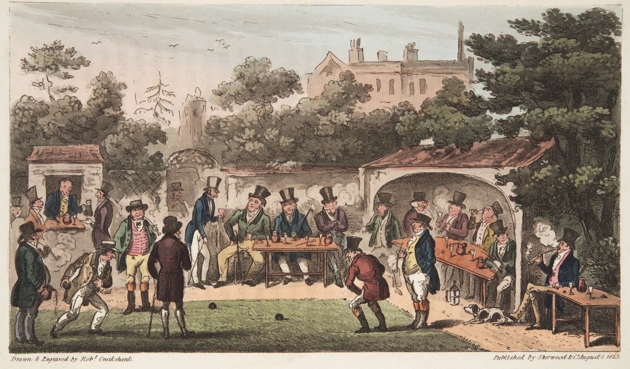 The Bowling Alley, Worcester, eller Characters of the Hand and Glove Club, fra The English Spy, publisert London, 1824 (håndfarget gravering) av Isaac Robert Cruikshank