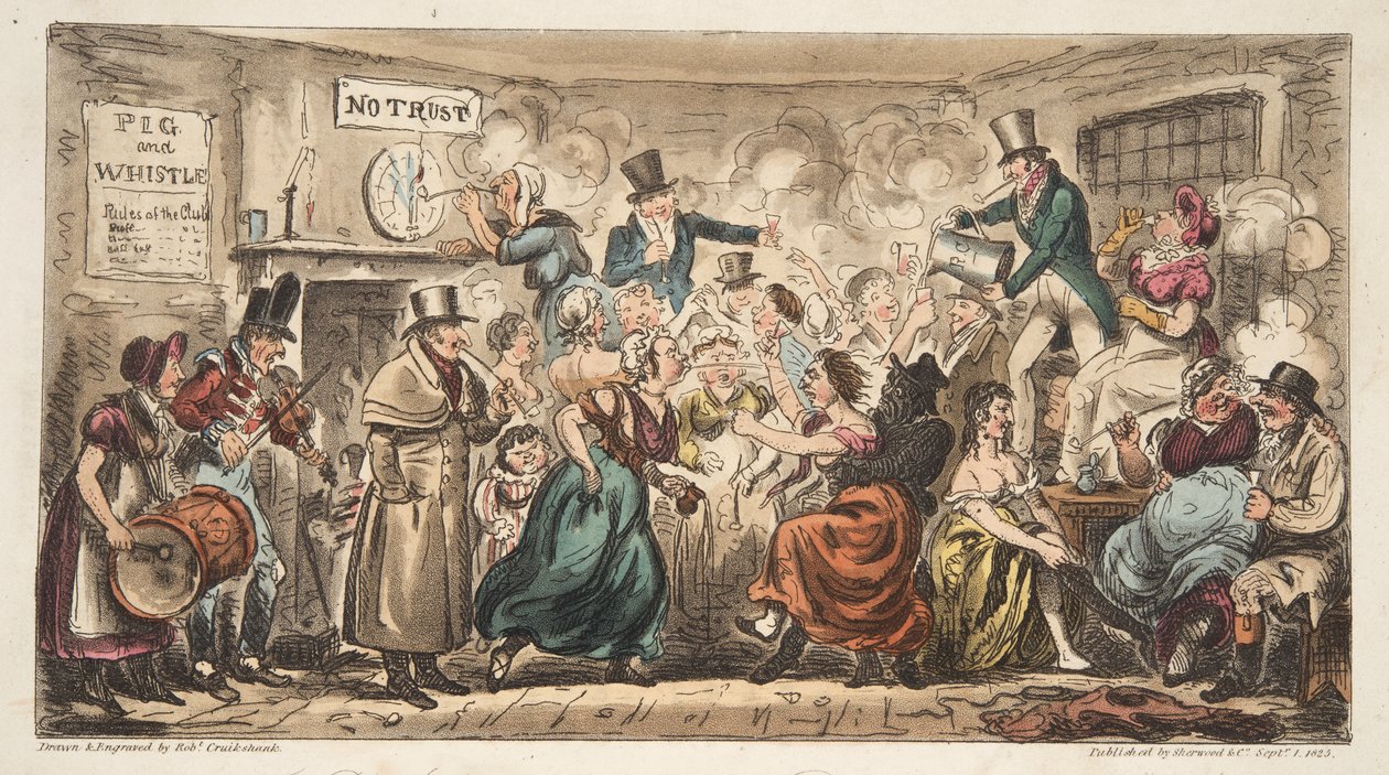 The Buff Club at the Pig and Whistle, Avon Street, Bath, fra The English Spy, pub. London, 1824 (håndfarget gravering) av Isaac Robert Cruikshank