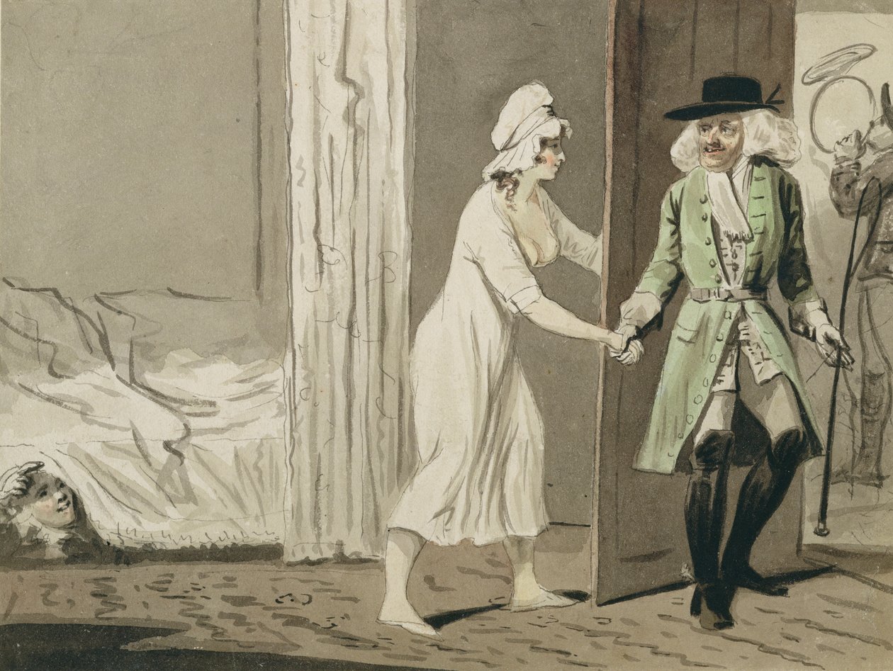 The Cuckold drar til jakten, ca. 1800 (penn og blekk med wc på papir) av Isaac Robert Cruikshank