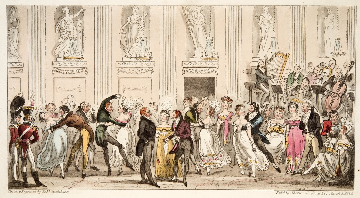 The Cyprians Ball at the Argyle Rooms, fra The English Spy, pub. 1824 (håndfarget gravering) av Isaac Robert Cruikshank