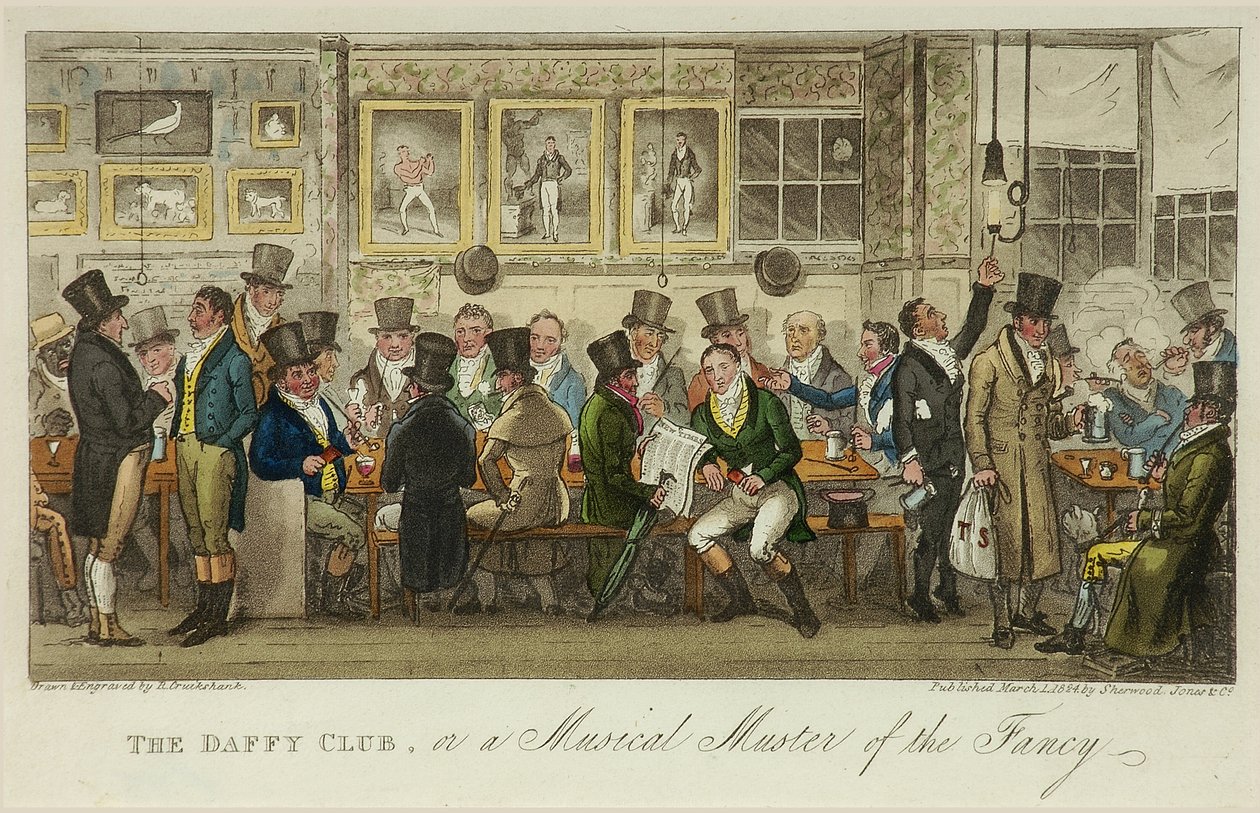 The Daffy Club, or a Musical Muster of the Fancy, utgitt i 1824 (farge litho) av Isaac Robert Cruikshank