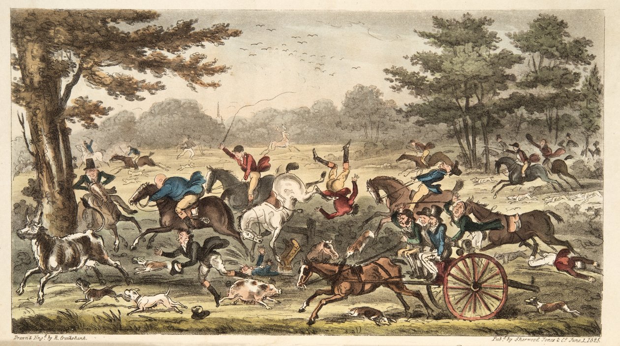 The Epping Hunt, eller Cockney Comicalities i full Chase, fra The English Spy, pub. 1824 (håndfarget gravering) av Isaac Robert Cruikshank