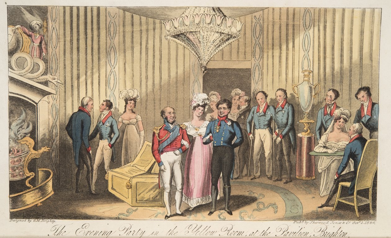 The Evening Party at the Pavilion, Brighton, fra The English Spy, pub. 1824 (håndfarget gravering) av Isaac Robert Cruikshank