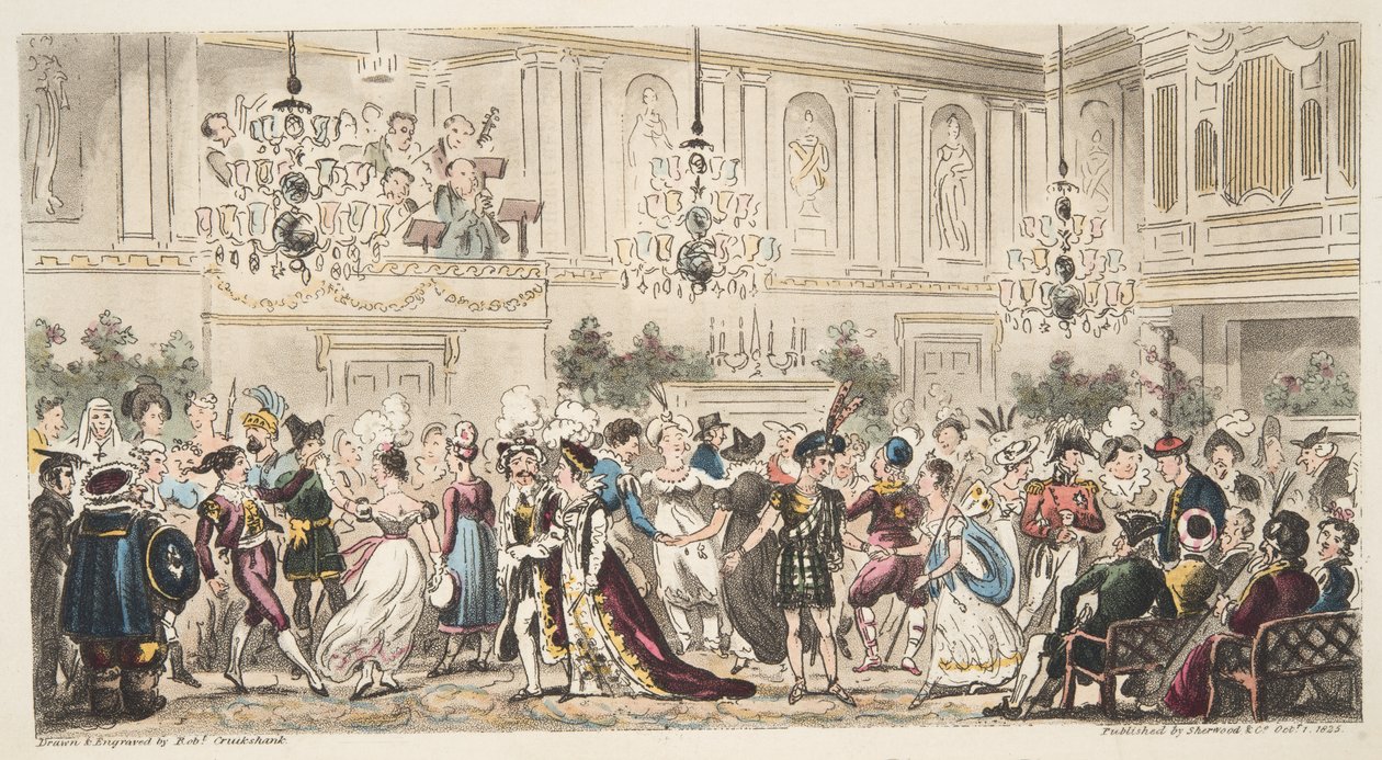 The Fancy Ball at the Upper Rooms, Bath, fra The English Spy, publisert London, 1824 av Isaac Robert Cruikshank