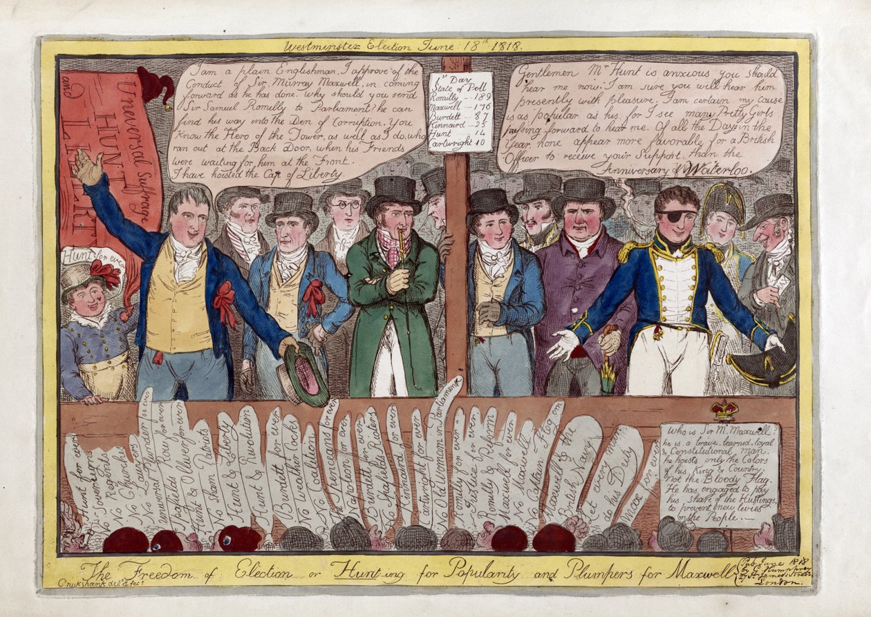 The Freedom on Election or Hunting for Popularity and Plumpers for Maxwell, pub. G. Humphrey, 1818 (håndfarget gravering) av Isaac Robert Cruikshank