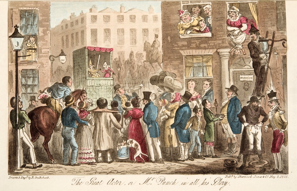 The Great Actor, eller Mr Punch in all his Glory, fra The English Spy, pub. 1824 (håndfarget gravering) av Isaac Robert Cruikshank