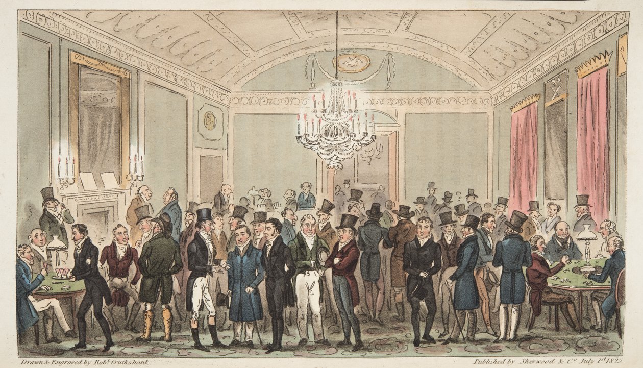 The Great Subscription Room på Brookes, fra The English Spy, pub. 1824 (håndfarget gravering) av Isaac Robert Cruikshank