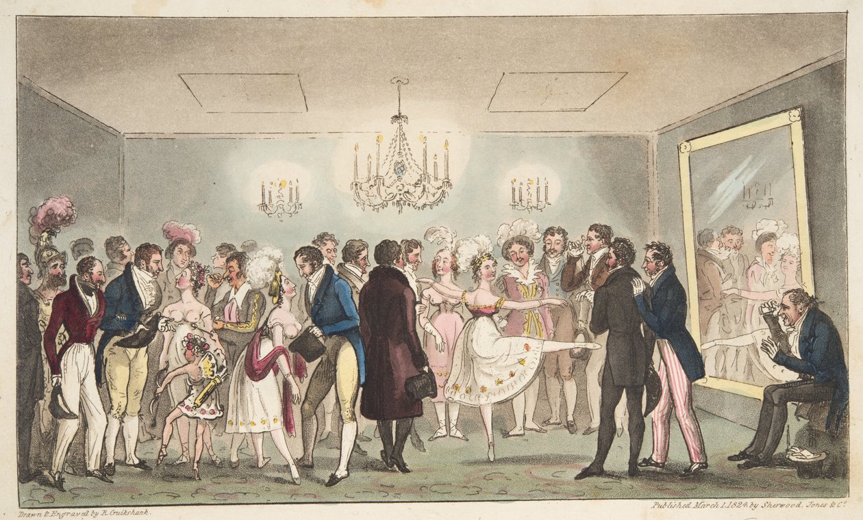The Green Room of the Kings Theatre, eller Noble Amatører som ser på Foreign Curiosities, fra The English Spy, pub. 1824 (håndfarget gravering) av Isaac Robert Cruikshank