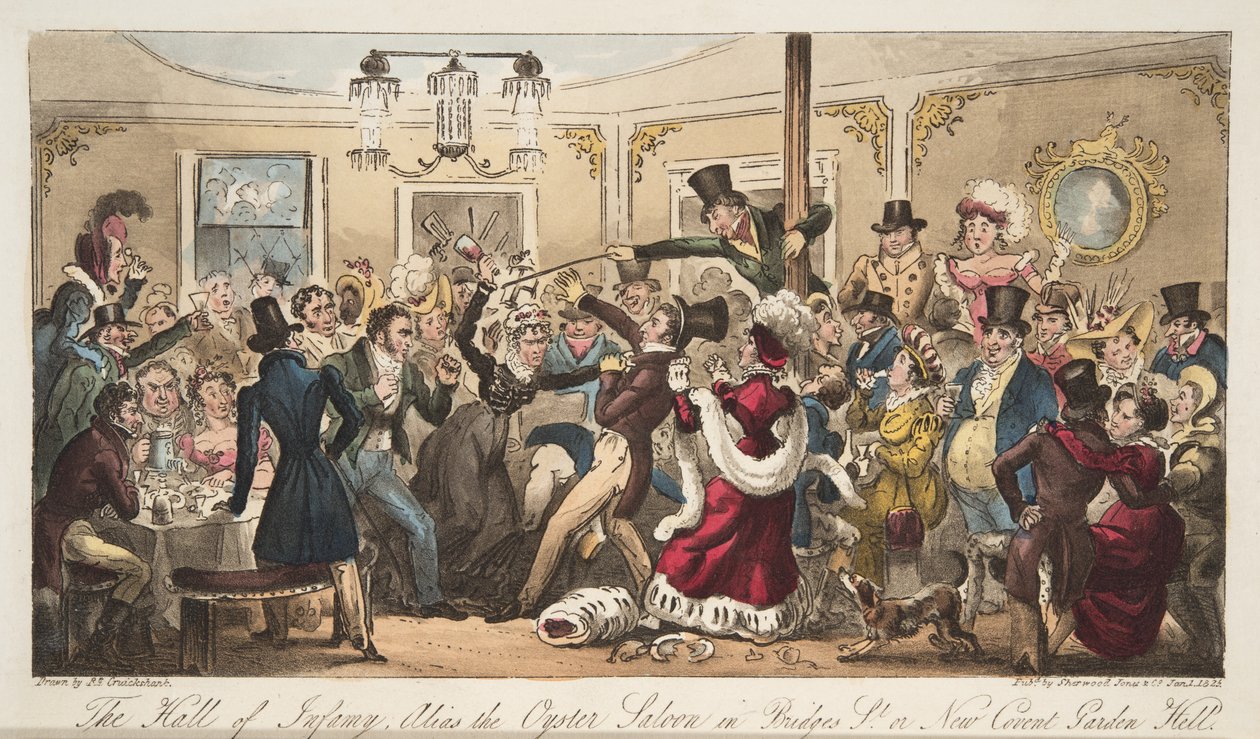 The Hall of Infamy, alias Oyster Saloon i Brydges-Street, eller New Covent Garden Hell, fra The English Spy, pub. 1824 (håndfarget gravering) av Isaac Robert Cruikshank