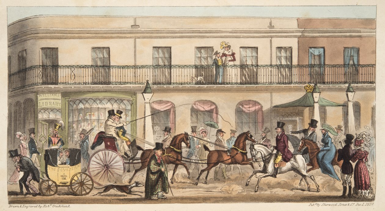 The High Street, Cheltenham, fra The English Spy, pub. 1824 (håndfarget gravering) av Isaac Robert Cruikshank
