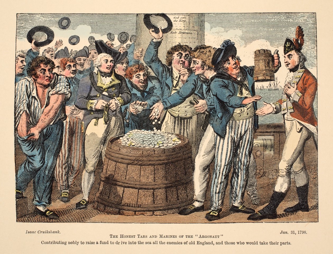 The Honest Tars and Marines of The Argonaut, pub. 1798 (håndfarget gravering) av Isaac Robert Cruikshank