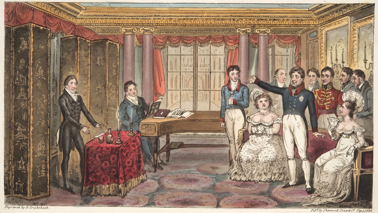 The King at Home, eller Mathews at Carlton House, fra The English Spy, av Charles Westmacott, utgitt 1824 (håndfarget gravering) av Isaac Robert Cruikshank
