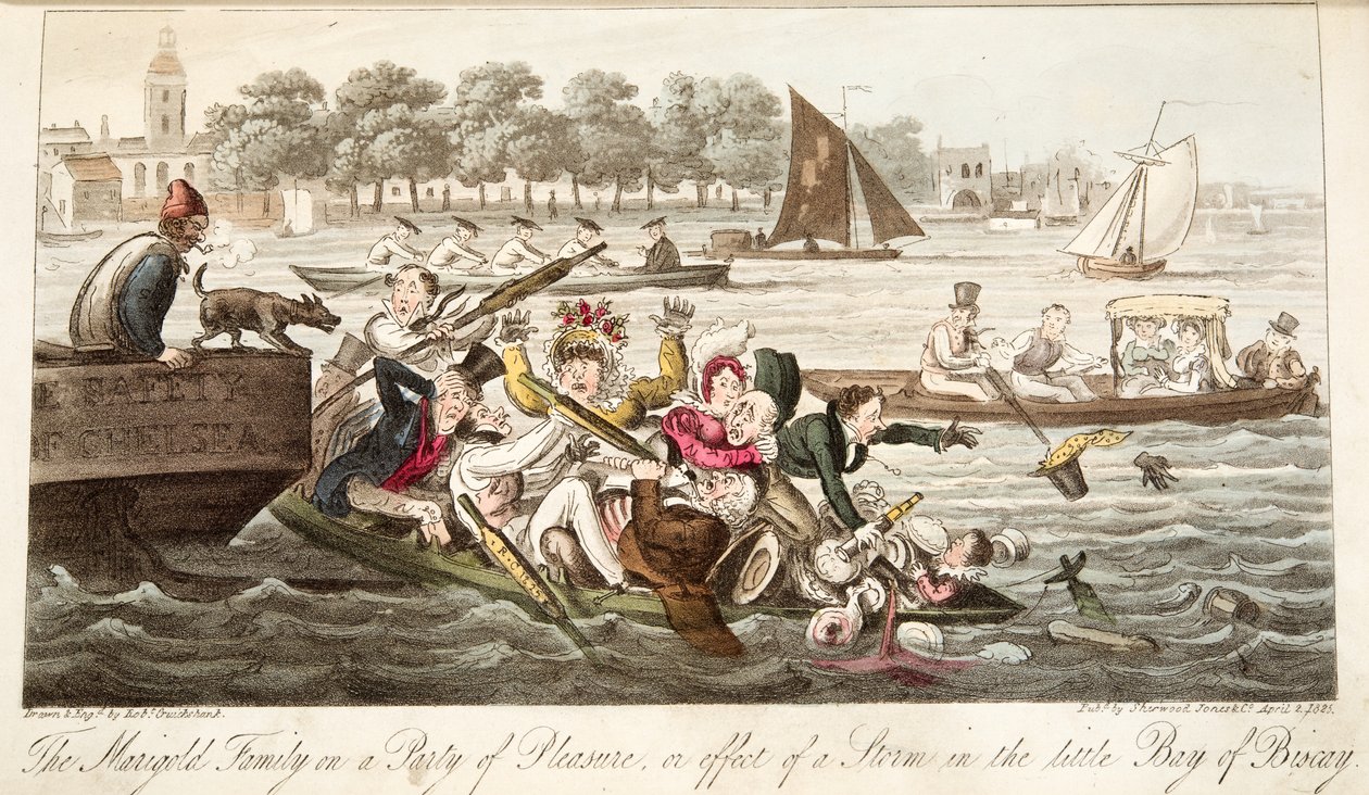 The Marigold Family on a Party of Pleasure, eller effekten av en storm i den lille Biscayabukta, fra The English Spy, pub. 1824 (håndfarget gravering) av Isaac Robert Cruikshank