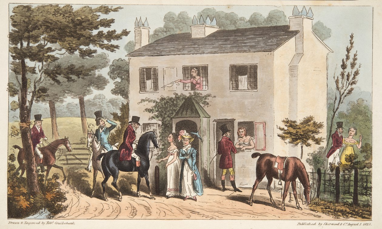 Oakland Cottages, Cheltenham eller Fox Hunters og deres favoritter, fra The English Spy, pub. 1824 (håndfarget gravering) av Isaac Robert Cruikshank