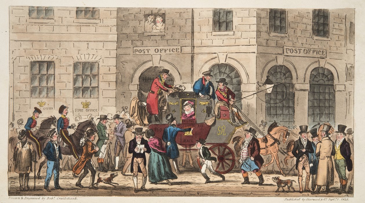 Postkontoret Bristol, Arrival of the London Mail, fra The English Spy, publisert London, 1824 av Isaac Robert Cruikshank