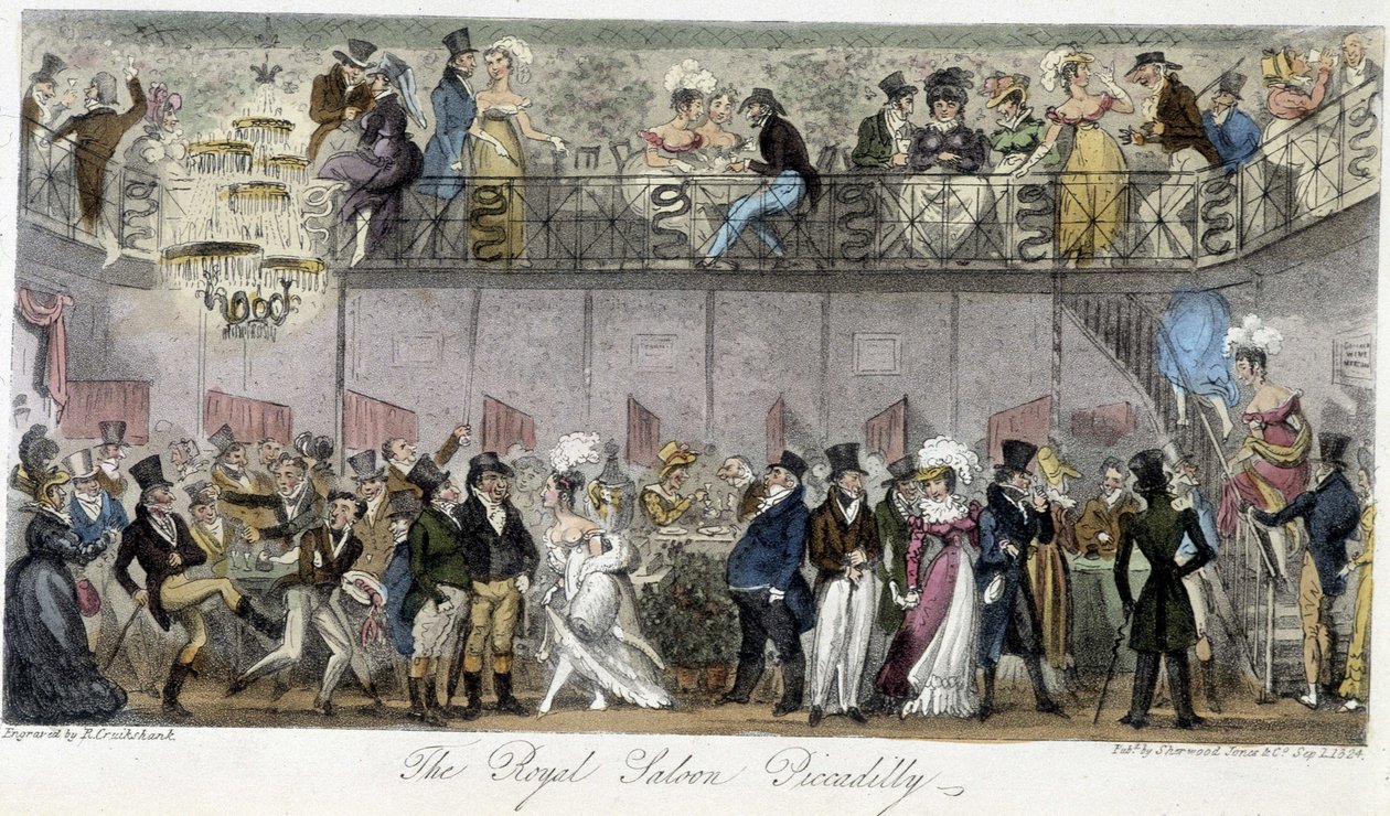 The Royal Saloon Piccadilly - i "" The English Spy"" av Charles Molloy Westmacott, tegning av Robert Cruikshank, London Edition av Isaac Robert Cruikshank
