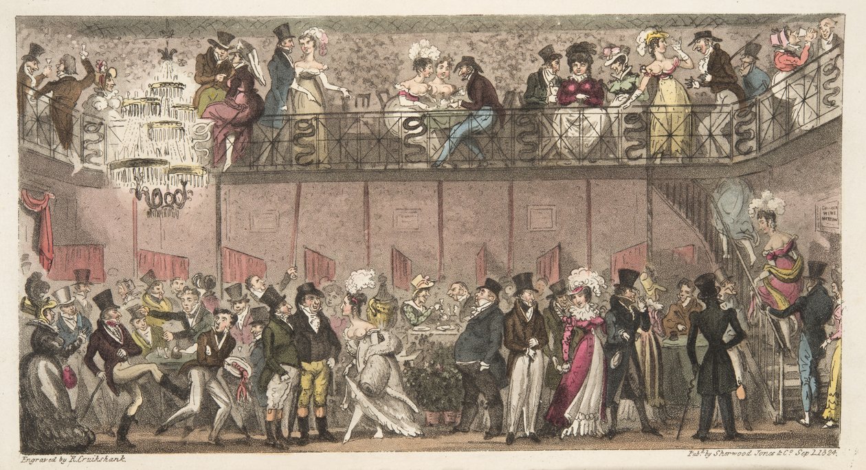 The Royal Saloon, Piccadilly, or an Hour after the Opera, fra The English Spy publisert 1824 (håndfarget gravering) av Isaac Robert Cruikshank