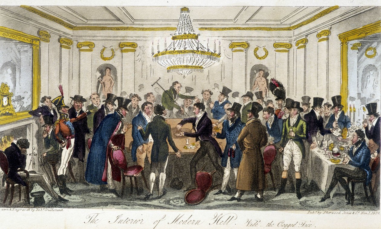 Interiøret i Modern Hall - i "" The English Spy"" av Charles Molloy Westmacott, tegning av Robert Cruikshank, London Edition av Isaac Robert Cruikshank