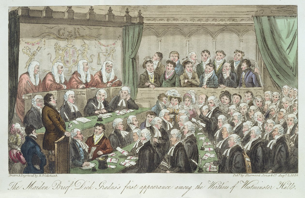 Jomfrubrevet, Dick Gradus første opptreden blant de verdige i Westminster Hall, publisert 1824 av Isaac Robert Cruikshank
