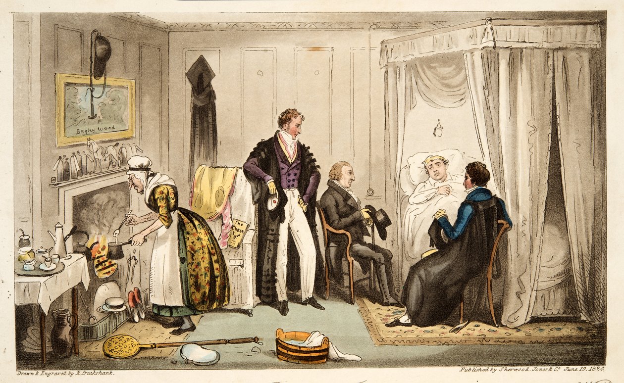 Tom Echo la opp med Headington-feberen eller en Oxonian veldig nær muren, fra The English Spy, publisert London, 1824 (håndfarget gravering) av Isaac Robert Cruikshank