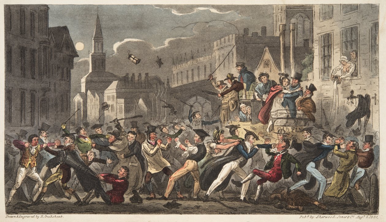 Town and Gown, fra The English Spy, pub. 1824 (håndfarget gravering) av Isaac Robert Cruikshank