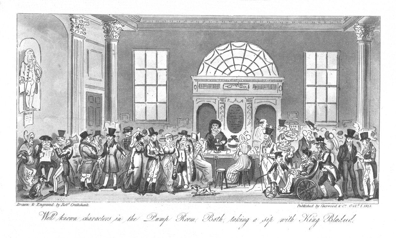 Velkjente karakterer i pumperommet, Bath, tar en slurk med kong Bladud, 1825 av Isaac Robert Cruikshank