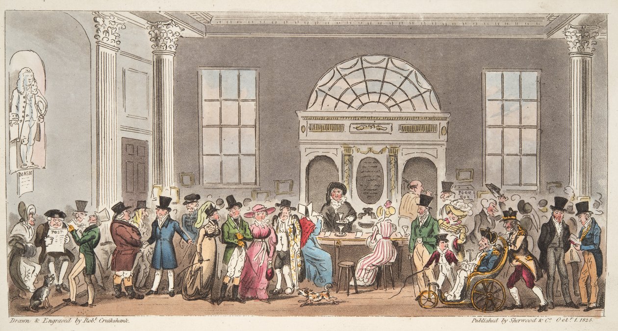 Kjente besøkende til Pump Room, Bath, tar en slurk med King Bladud, fra The English Spy, pub. 1824 (håndfarget gravering) av Isaac Robert Cruikshank