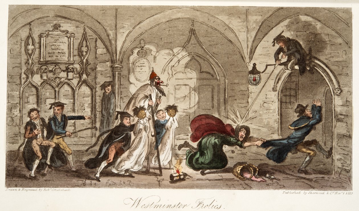 Westminster Frolics, fra The English Spy, pub. 1824 (håndfarget gravering) av Isaac Robert Cruikshank