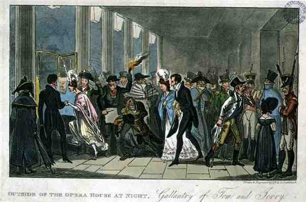 Utenfor operahuset om natten: Gallantry of Tom and Jerry, fra "Life in London" av Pierce Egan av Isaac Robert and George Cruikshank