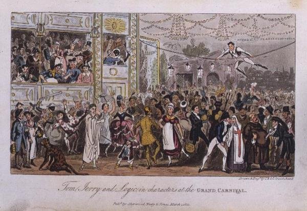 Tom, Jerry og Logic i karakterer på Grand Carnival, fra "Life in London" av Pierce Egan av Isaac Robert and George Cruikshank