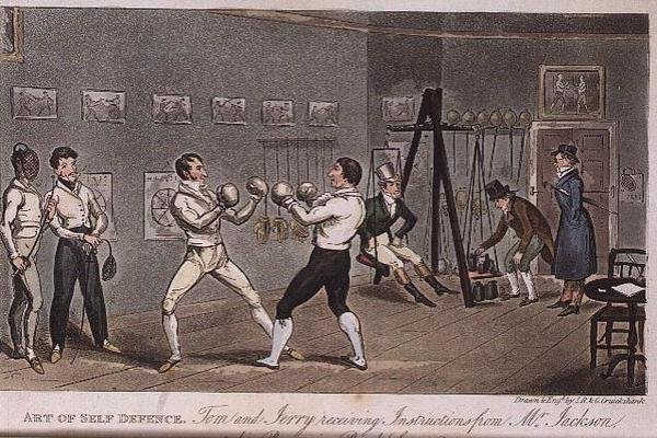 Art of Self Defence: Tom og Jerry mottar instruksjoner fra Mr Jackson, fra "Life in London" av Pierce Egan av Isaac Robert and George Cruikshank