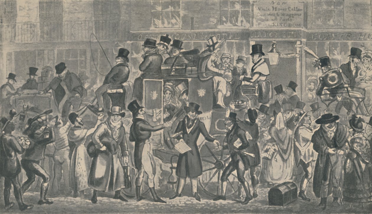 Utenfor White Horse Cellar, Piccadilly, 1821, 1920. Kunstnere: Isaac Robert Cruikshank, George Cruikshank. av Isaac, Robert and George Cruikshank