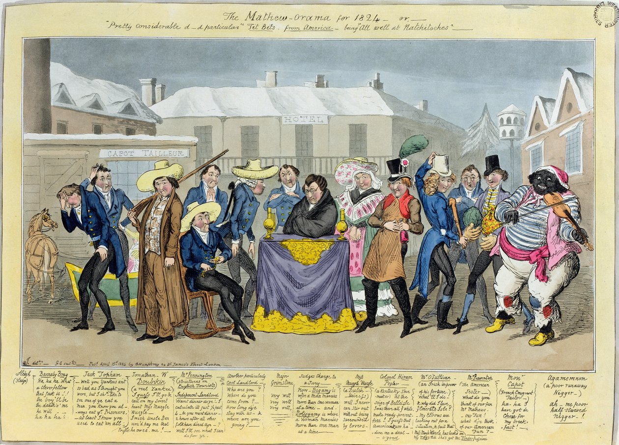 Mathew-Orama for 1824, pub. av G. Humphrey, 1824 (farget etsning) av Isaac, Robert and George Cruikshank