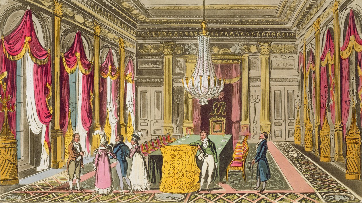 Tom, Jerry og Logic besøker Carlton House, fra "Life in London" av Pierce Egan, 1821-22 (farget akvatint) av Isaac, Robert and George Cruikshank