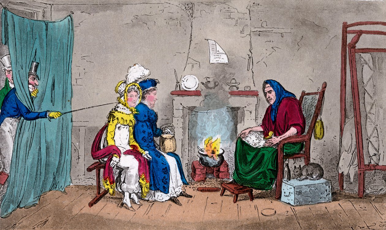 Tom og Jerry, som fanger Kate og Sue i farten, med sine formuer fortalt, 1800-tallet. av Isaac, Robert and George Cruikshank