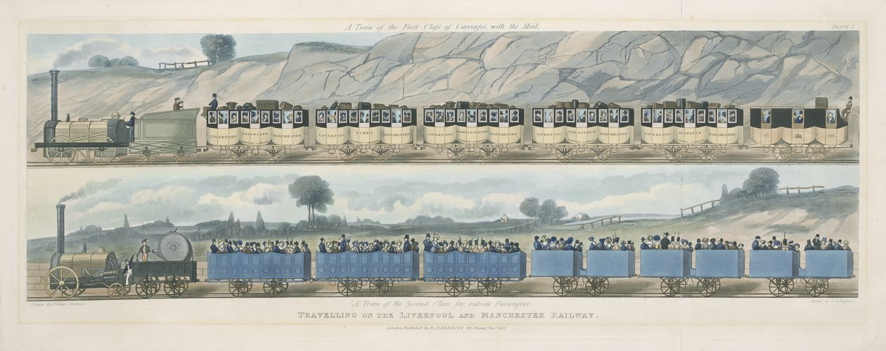 Reiser på Liverpool og Manchester Railway: Et tog av første klasse av vogner med posten, og et tog av andre klasse for passasjerer utenfor, gravert av S.G. Hughes, 1831 (aquati av Isaac Shaw