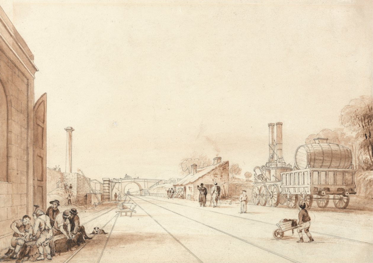 Utsikt på Liverpool og Manchester Railway med lokomotivet "Tvillingsøstre" i et sidespor av Isaac Shaw