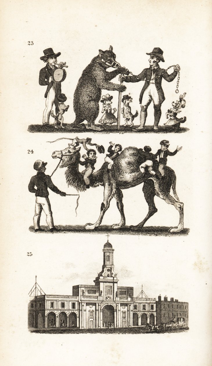 Dansende bjørn og hund, kamel og ape og Royal Exchange av Isaac Taylor