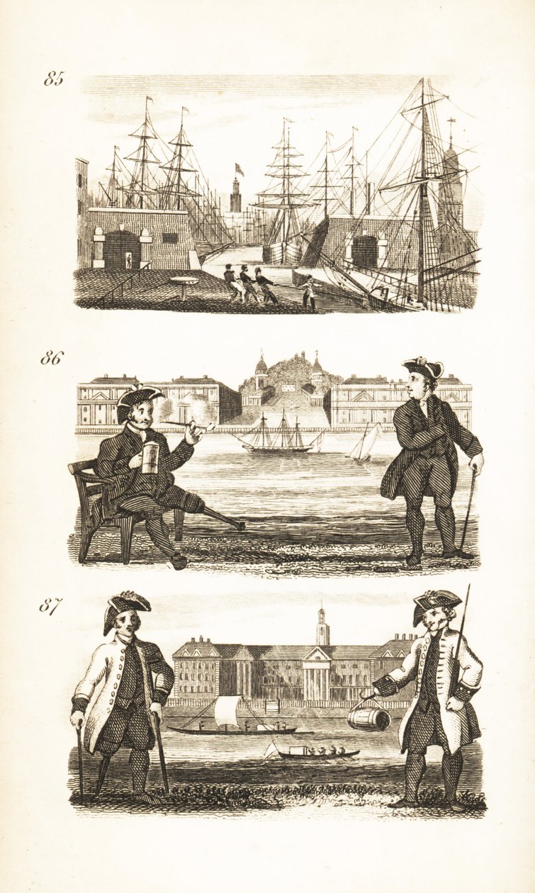 London Docks, Greenwich Hospital og Chelsea Hospital av Isaac Taylor