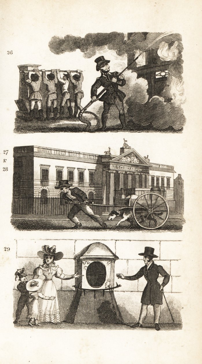 Brannmotoren, tegning av varer på en lastebil, East India House og London Stone av Isaac Taylor