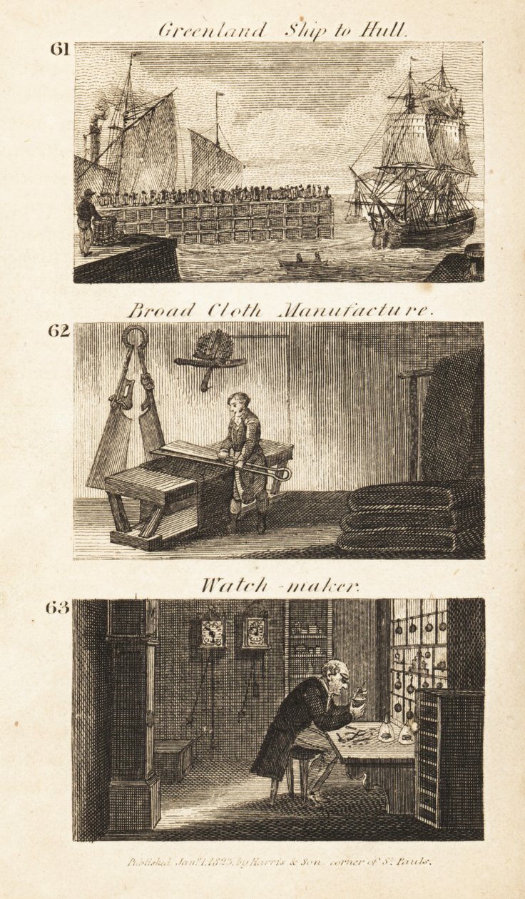 Handler i Regency England: Grønland-skip til Hull, fabrikat av bred stoff og urmaker av Isaac Taylor