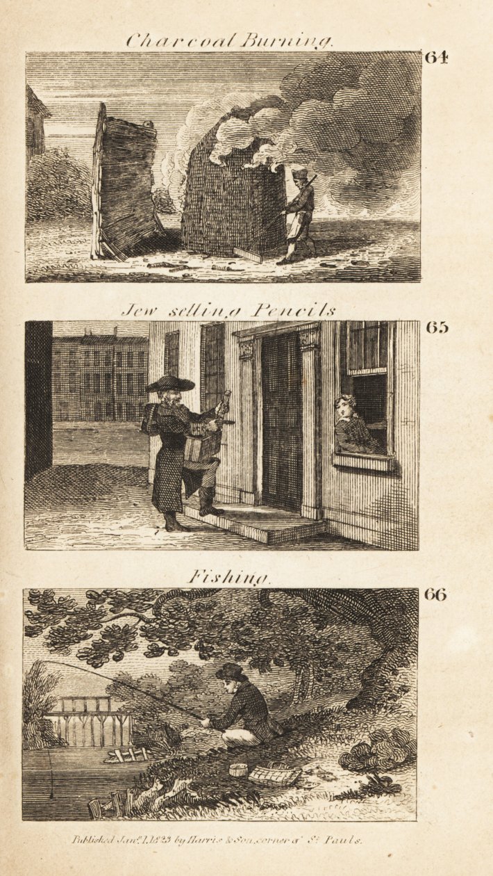 Handler i Regency England: kullbrenning, jøde som selger blyanter og fiske av Isaac Taylor