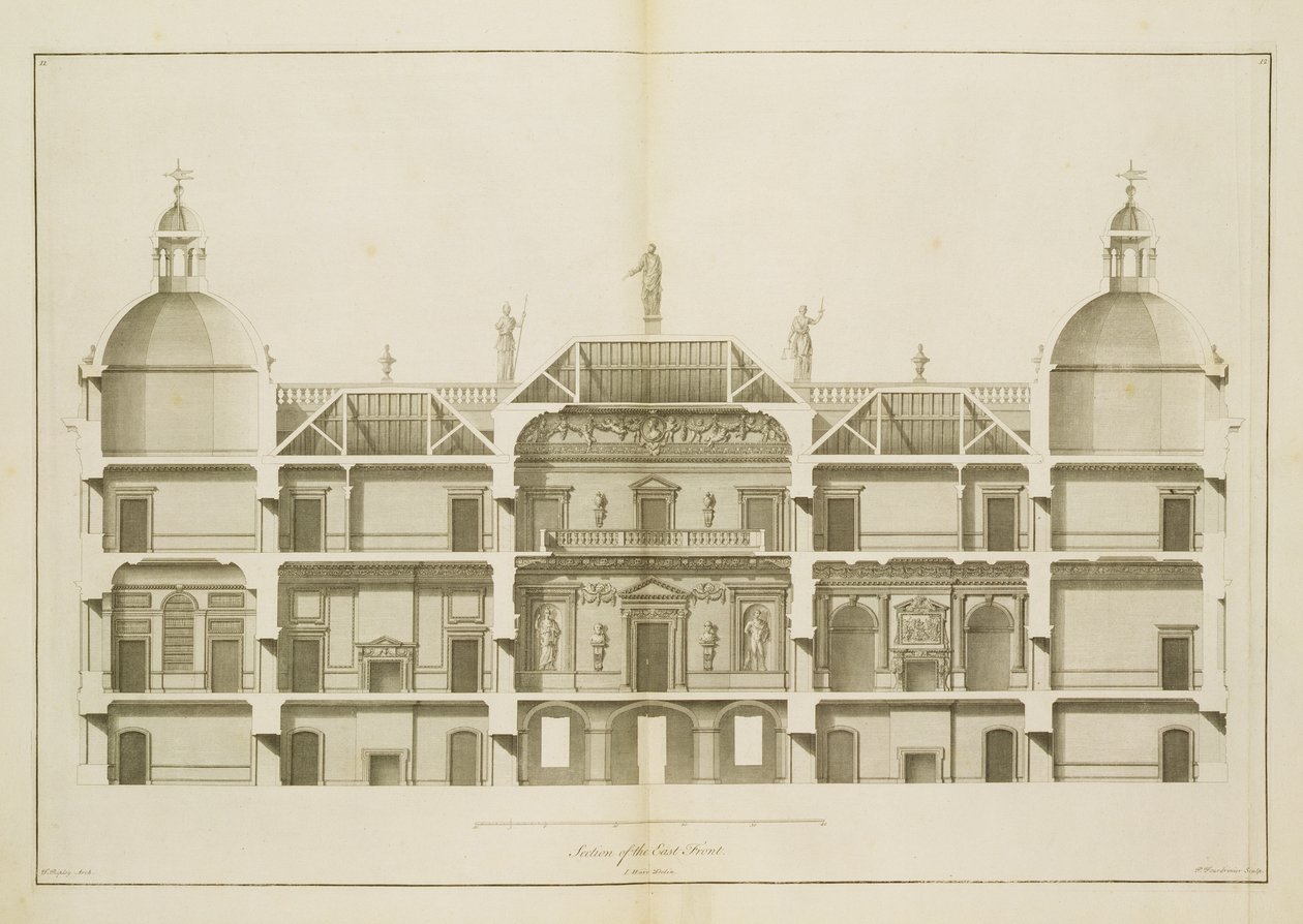 Houghton Hall: del av østfronten, gravert av Pierre Fourdrinier, 1735 (se også 64902 og 64904) av Isaac Ware