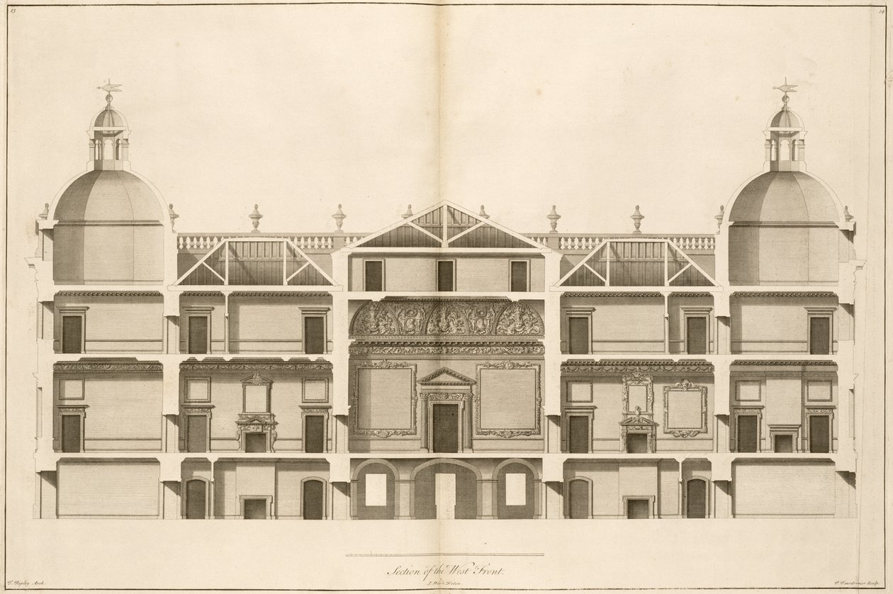 Houghton Hall: del av vestfronten, gravert av Pierre Fourdrinier, 1735 (se også 64902 og 64903) av Isaac Ware