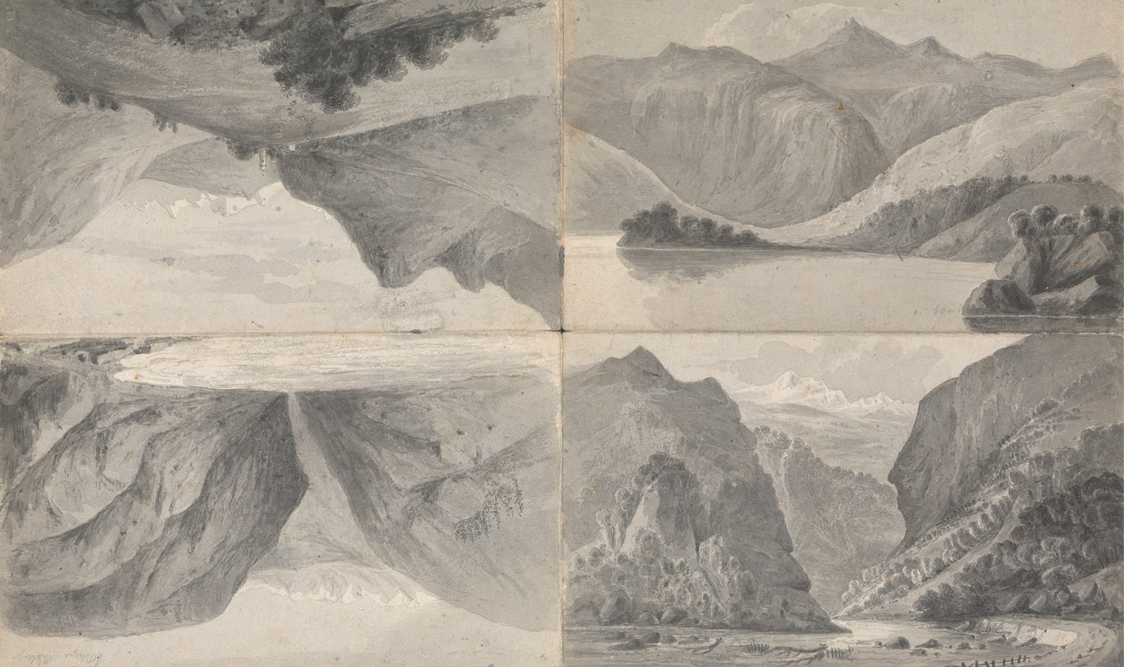 1) (ll) Innsjøen ved Davos, 2) (lr) Inngangen til passet til Segnes, 3) (ur) Wiesen av Isaac Weld
