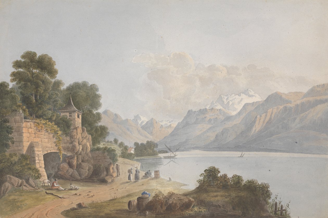 Fjelllandskap med innsjø, port og figurer av Isaac Weld